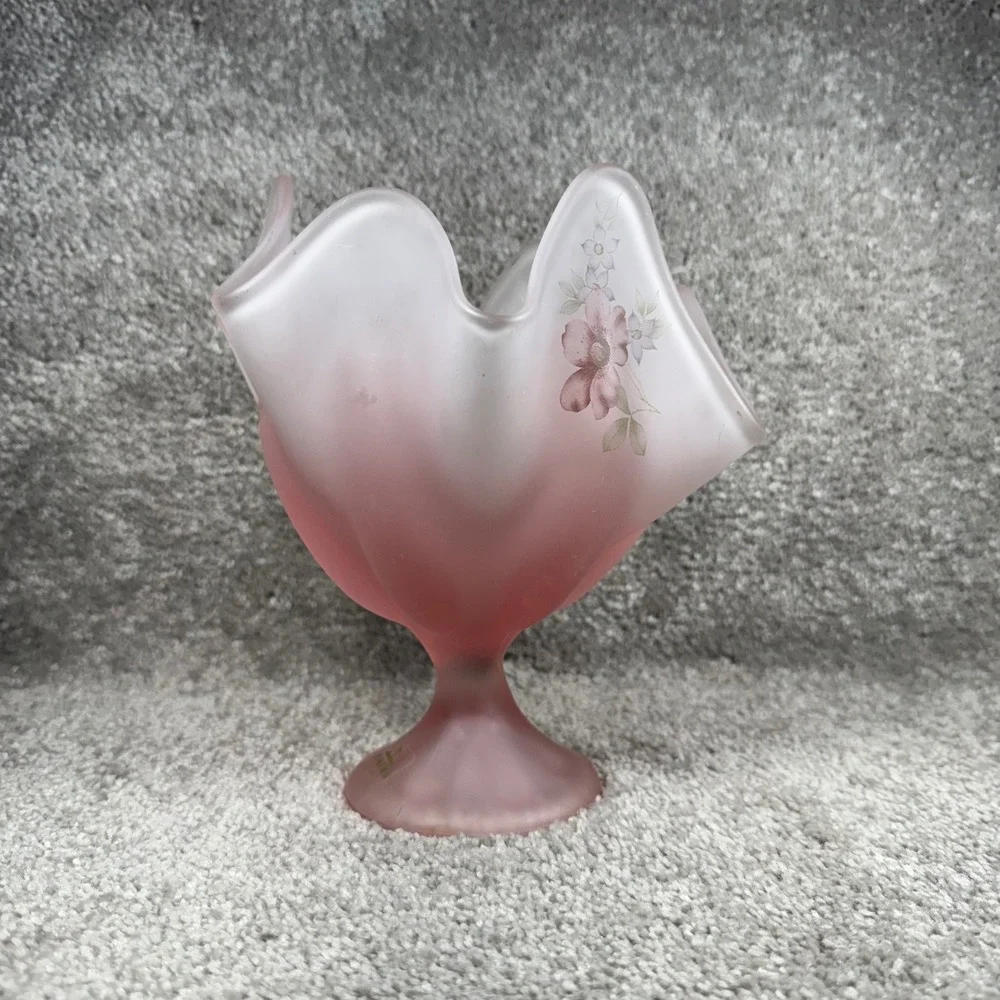 Viking Glass Ruffled Pedestal Bowl Pink Frosted Satin Floral Handkerchief Vase